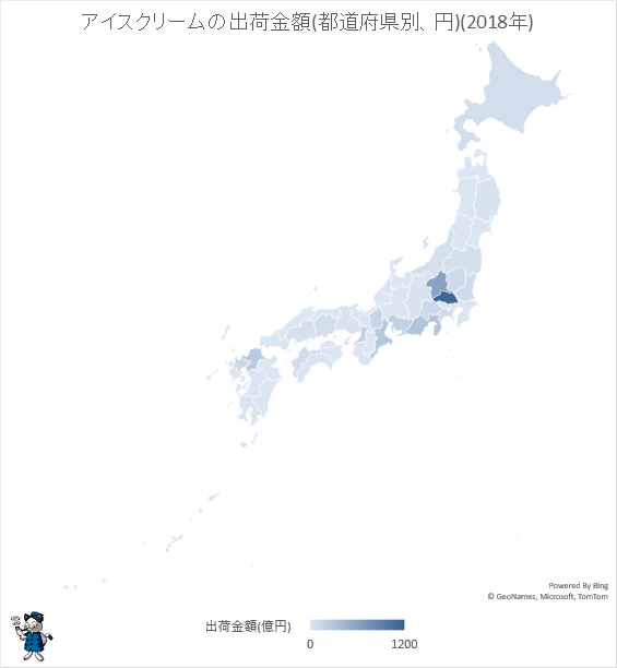 ↑ アイスクリームの出荷金額(都道府県別、円)(2018年)
