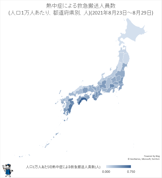 ↑ 熱中症による救急搬送人員数(人口1万人あたり、都道府県別、人)(2021年8月23日-8月29日)