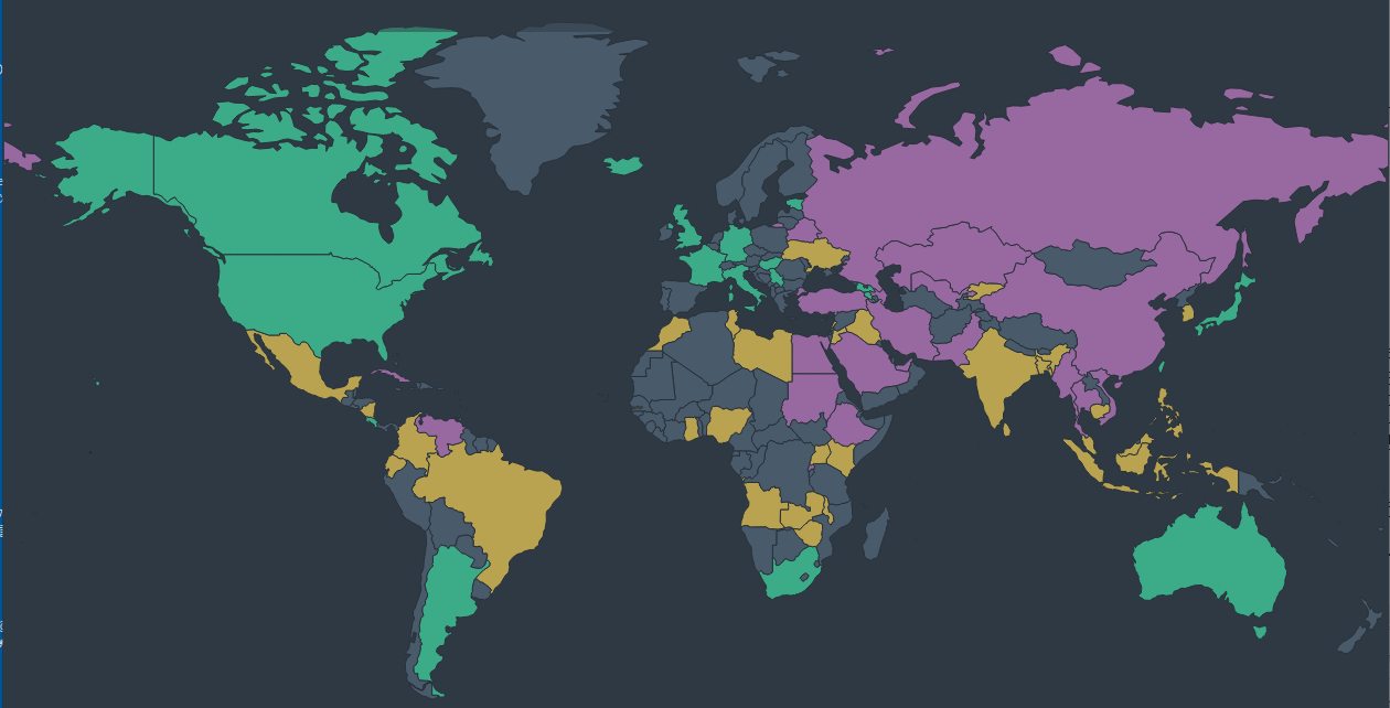 ↑ インターネット上の自由度マップ(緑…自由、黄色…やや自由、紫…不自由、灰…未調査)(2021年)