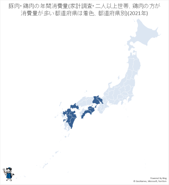 ↑ 豚肉・鶏肉の年間消費量(家計調査・二人以上世帯、鶏肉の方が消費量が多い都道府県は着色、都道府県別)(2021年)(再録)