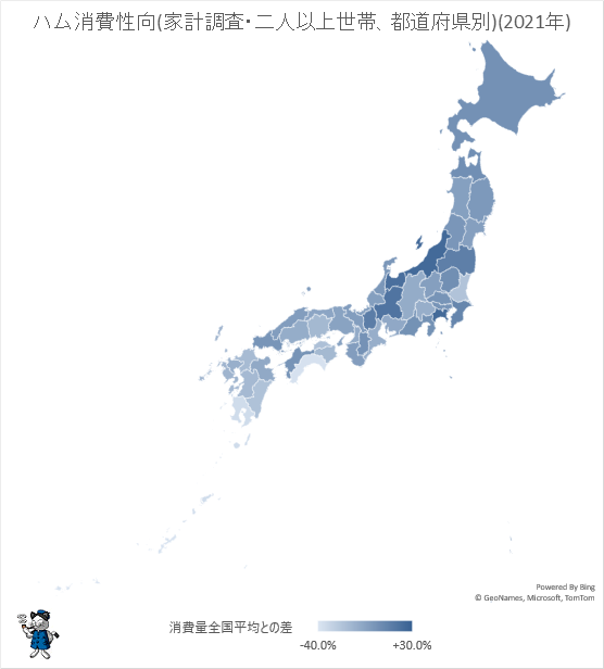 ↑ ハム消費性向(家計調査・二人以上世帯、都道府県別)(2021年)