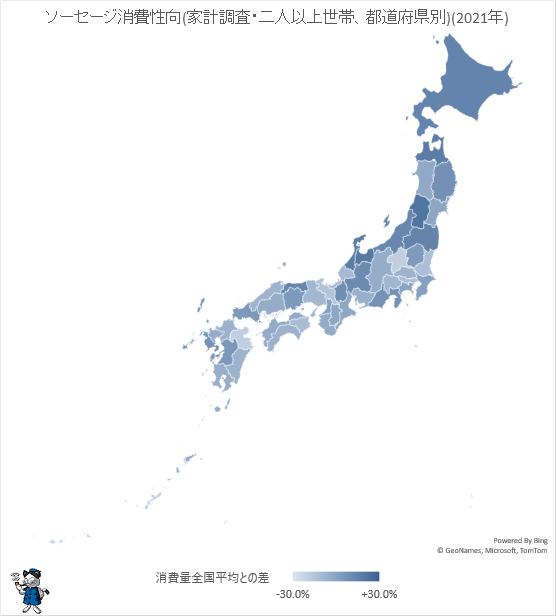 ↑ ソーセージ消費性向(家計調査・二人以上世帯、都道府県別)(2021年)
