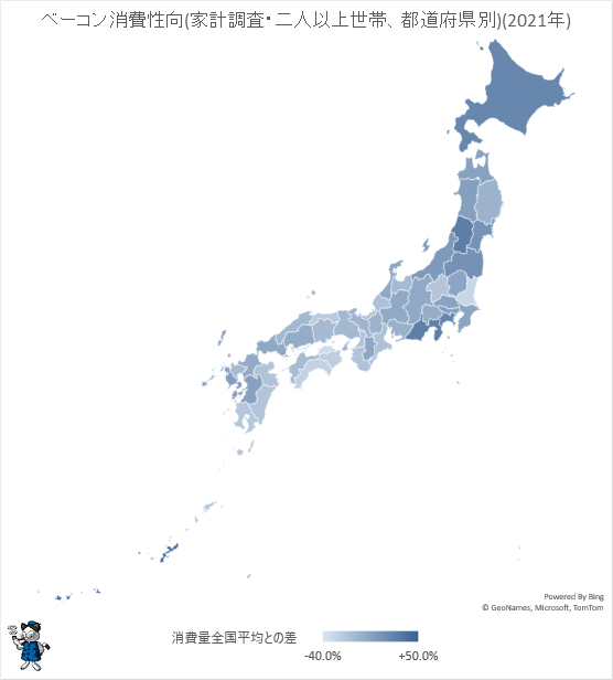 ↑ ベーコン消費性向(家計調査・二人以上世帯、都道府県別)(2021年)