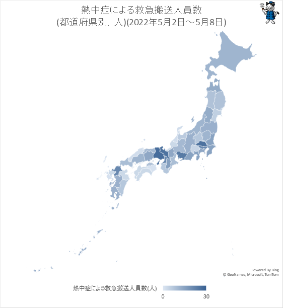 ↑ 熱中症による救急搬送人員数(都道府県別、人)(2022年4月25日-5月1日)