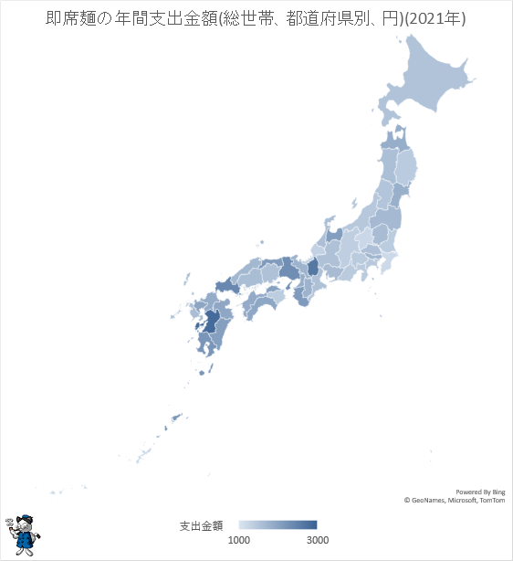 ↑ 即席麺の年間支出金額(総世帯、都道府県別、円)(2021年)