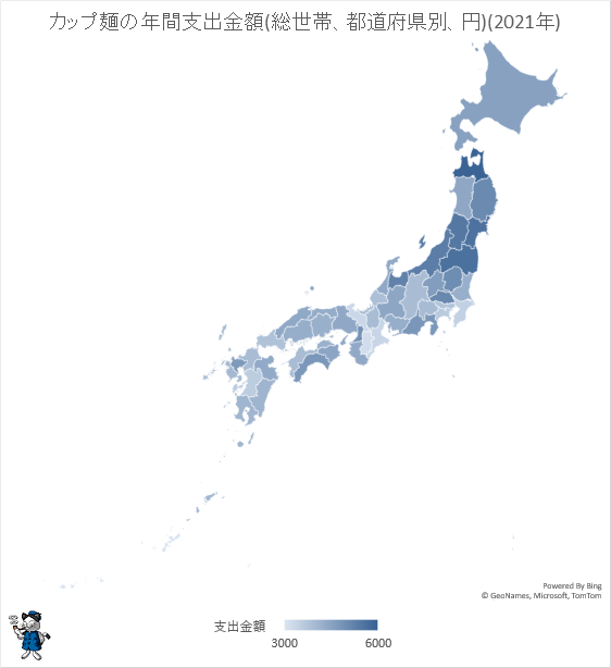 ↑ カップ麺の年間支出金額(総世帯、都道府県別、円)(2021年)