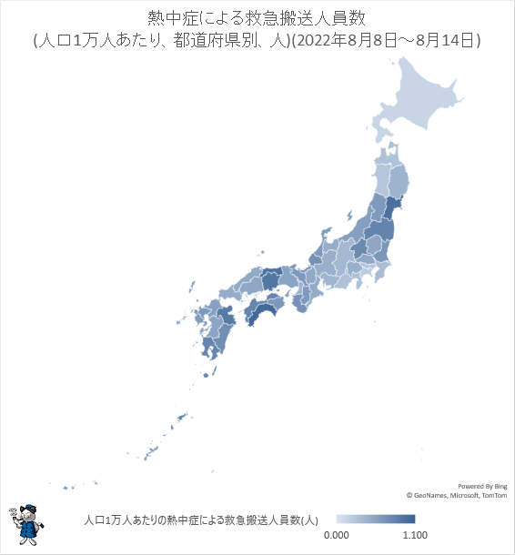 ↑ 熱中症による救急搬送人員数(人口1万人あたり、都道府県別、人)(2022年8月8日-8月14日)