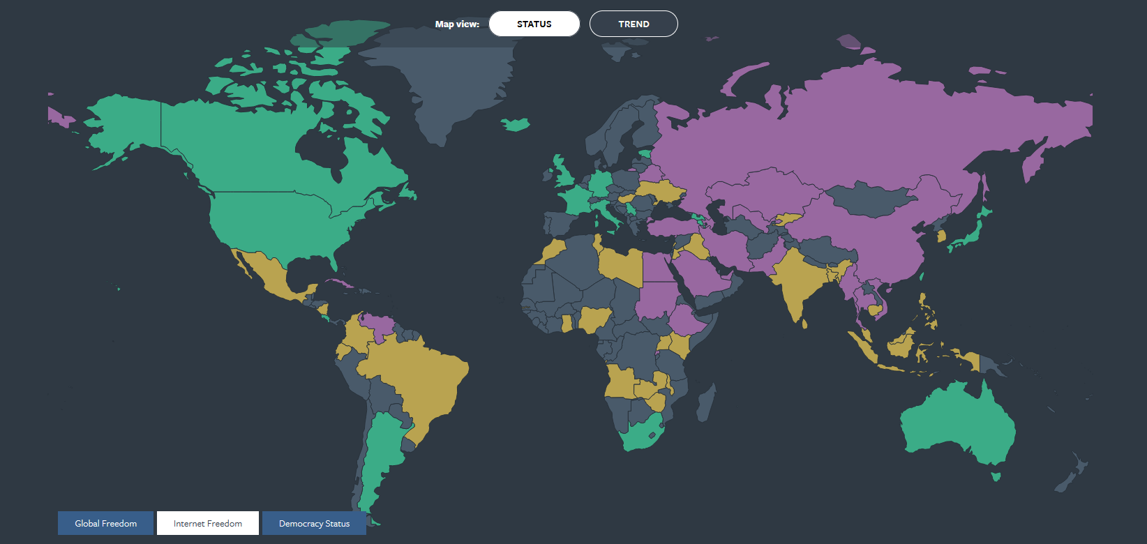↑ インターネット上の自由度マップ(緑…自由、黄色…やや自由、紫…不自由、灰…未調査)(2022年)