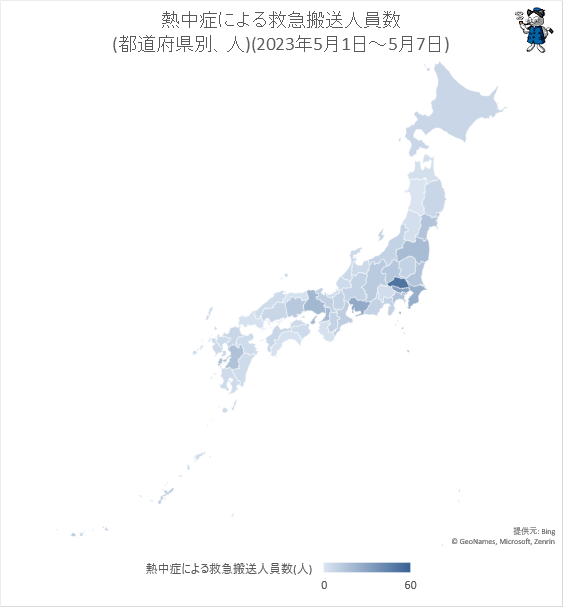 ↑ 熱中症による救急搬送人員数(都道府県別、人)(2023年5月1日-5月7日)