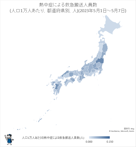 ↑ 熱中症による救急搬送人員数(人口1万人あたり、都道府県別、人)(2023年5月1日-5月7日)