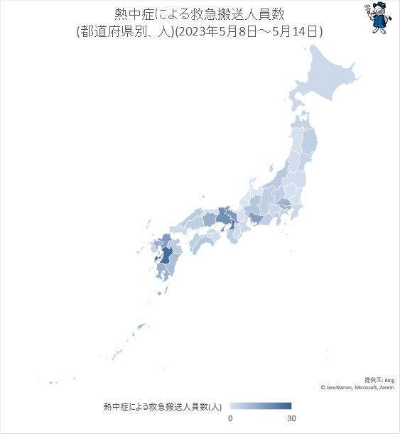 ↑ 熱中症による救急搬送人員数(都道府県別、人)(2023年5月8日-5月14日)