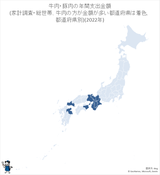 ↑ 牛肉・豚肉の年間支出金額(家計調査・総世帯、牛肉の方が金額が多い都道府県は着色、都道府県別)(2022年)