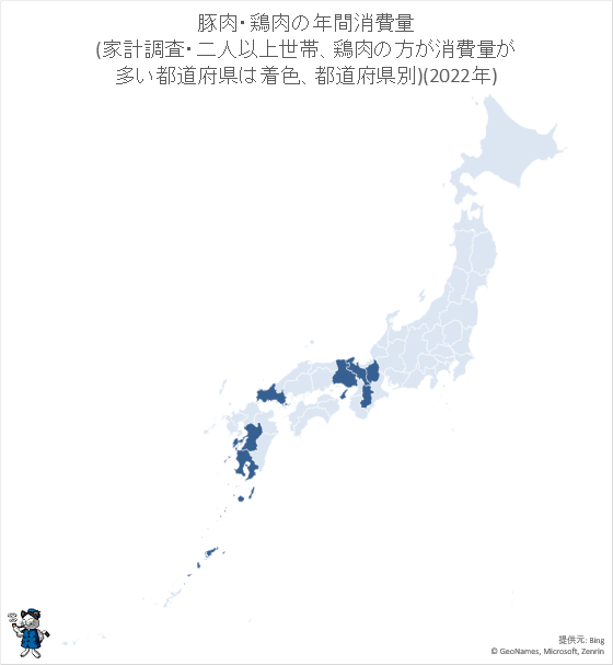 ↑ 豚肉・鶏肉の年間消費量(家計調査・二人以上世帯、鶏肉の方が消費量が多い都道府県は着色、都道府県別)(2022年)