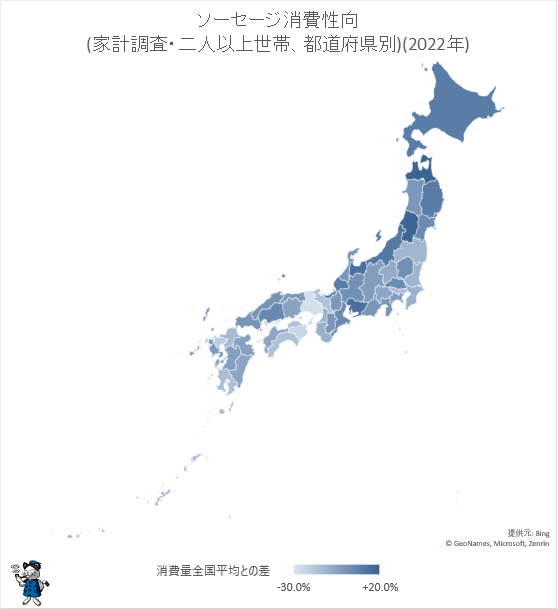↑ ソーセージ消費性向(家計調査・二人以上世帯、都道府県別)(2022年)