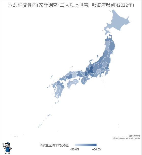 ↑ ハム消費性向(家計調査・二人以上世帯、都道府県別)(2022年)