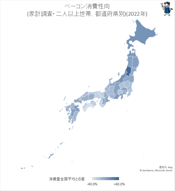 ↑ ベーコン消費性向(家計調査・二人以上世帯、都道府県別)(2022年)