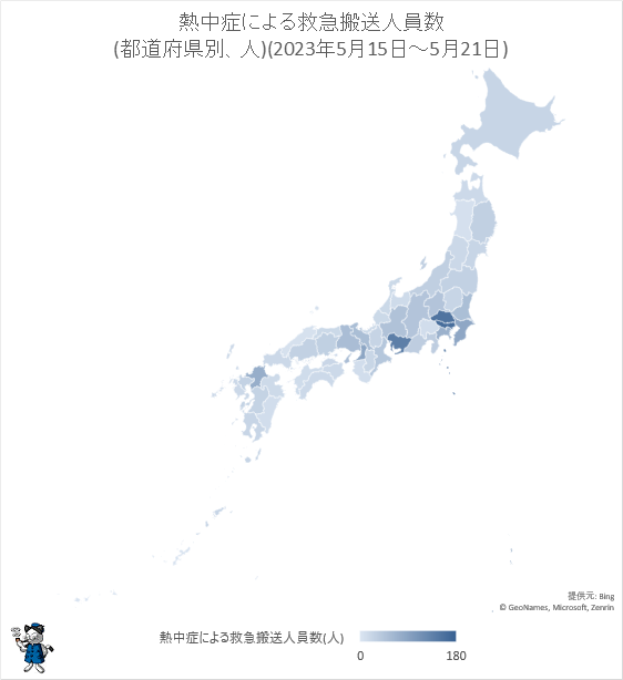 ↑ 熱中症による救急搬送人員数(都道府県別、人)(2023年5月15日-5月21日)