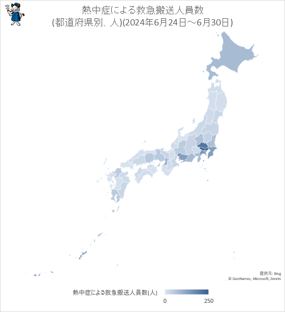 ↑ 熱中症による救急搬送人員数(都道府県別、人)(2024年6月24日-6月30日)