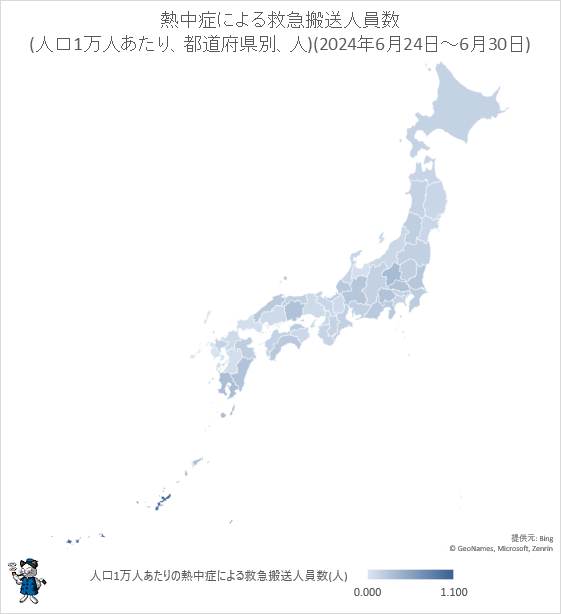 ↑ 熱中症による救急搬送人員数(人口1万人あたり、都道府県別、人)(2024年6月24日-6月30日)