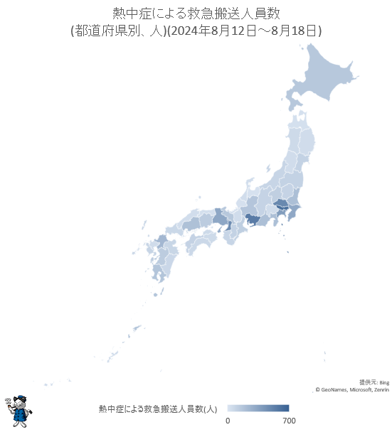 ↑ 熱中症による救急搬送人員数(都道府県別、人)(2024年8月12日-8月18日)