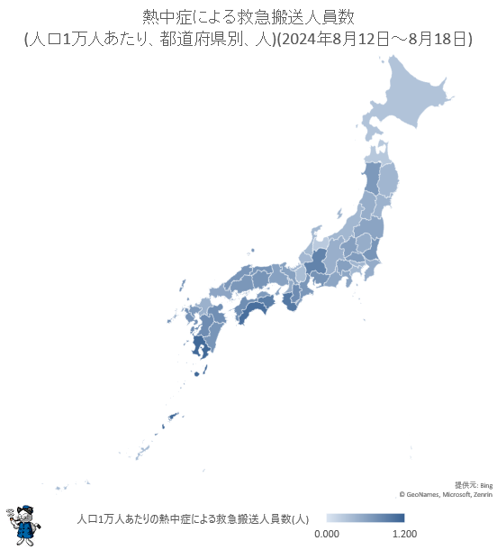 ↑ 熱中症による救急搬送人員数(人口1万人あたり、都道府県別、人)(2024年8月12日-8月18日)