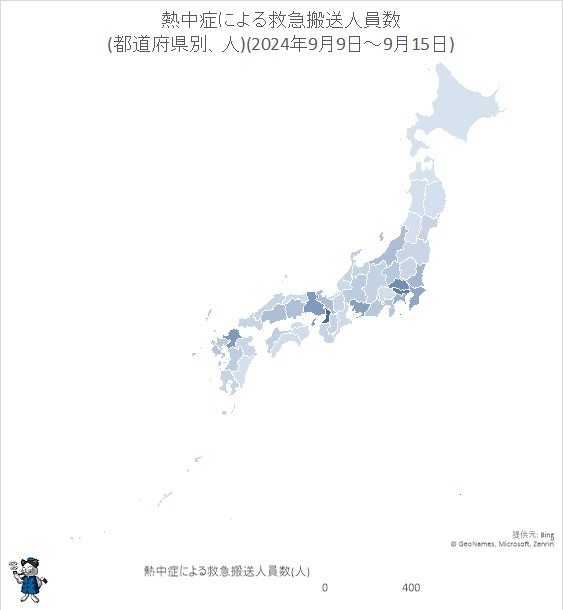 ↑ 熱中症による救急搬送人員数(都道府県別、人)(2024年9月9日-9月15日)
