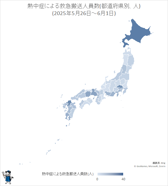 ↑ 熱中症による救急搬送人員数(都道府県別、人)(2025年5月26日-6月1日)
