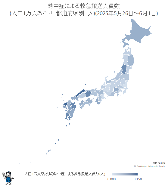 ↑ 熱中症による救急搬送人員数(人口1万人あたり、都道府県別、人)(2025年5月26日-6月1日)