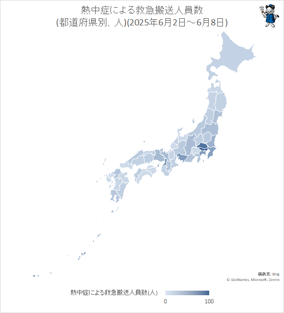 ↑ 熱中症による救急搬送人員数(都道府県別、人)(2025年6月2日-6月8日)