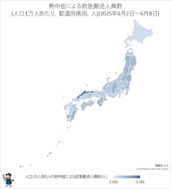 ↑ 熱中症による救急搬送人員数(人口1万人あたり、都道府県別、人)(2025年6月2日-6月8日)