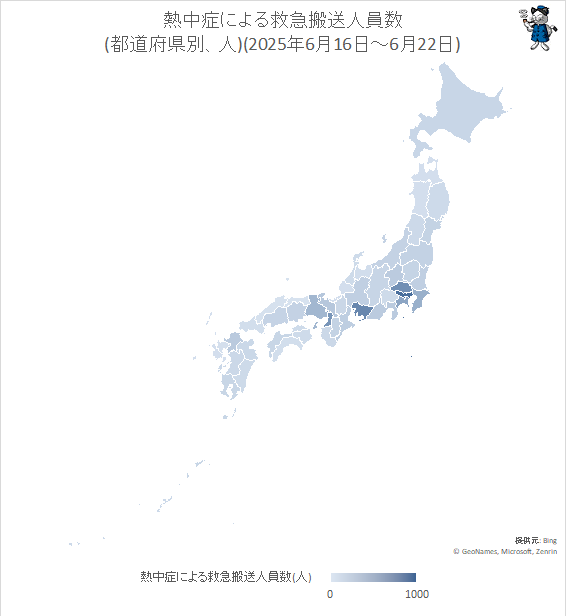 ↑ 熱中症による救急搬送人員数(都道府県別、人)(2025年6月16日-6月22日)