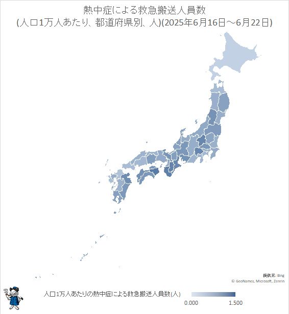 ↑ 熱中症による救急搬送人員数(人口1万人あたり、都道府県別、人)(2025年6月16日-6月22日)