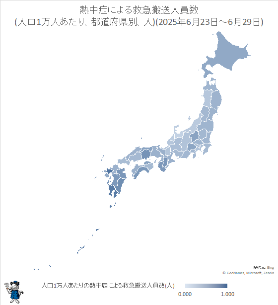 ↑ 熱中症による救急搬送人員数(人口1万人あたり、都道府県別、人)(2025年6月23日-6月29日)
