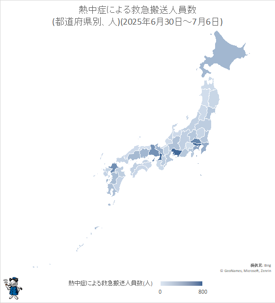 ↑ 熱中症による救急搬送人員数(都道府県別、人)(2025年6月30日-7月6日)