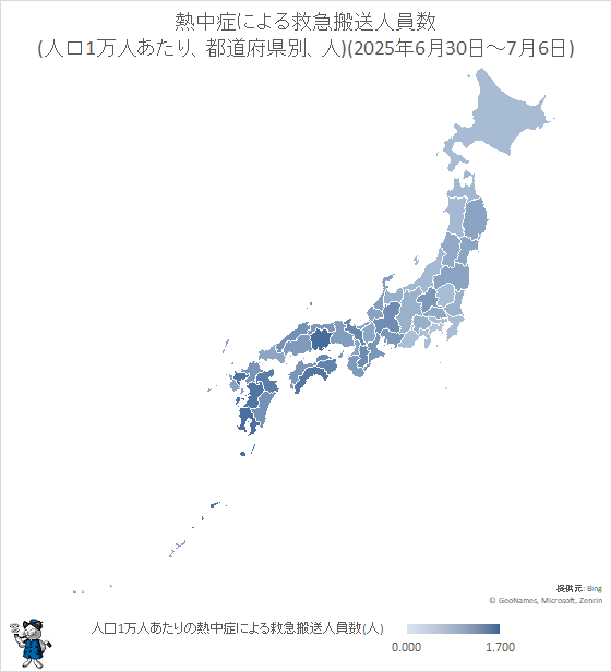 ↑ 熱中症による救急搬送人員数(人口1万人あたり、都道府県別、人)(2025年6月23日-6月29日)
