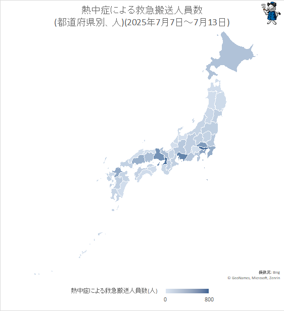 ↑ 熱中症による救急搬送人員数(都道府県別、人)(2025年7月7日-7月13日)