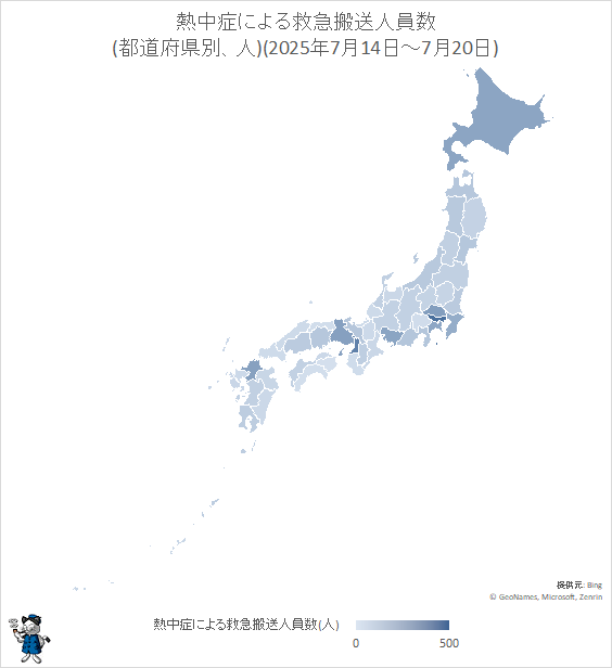 ↑ 熱中症による救急搬送人員数(都道府県別、人)(2025年7月14日-7月20日)