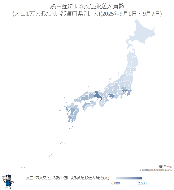 ↑ 熱中症による救急搬送人員数(人口1万人あたり、都道府県別、人)(2025年9月1日-9月7日)