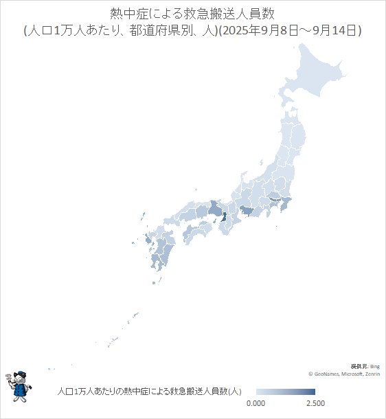 ↑ 熱中症による救急搬送人員数(人口1万人あたり、都道府県別、人)(2025年9月1日-9月7日)