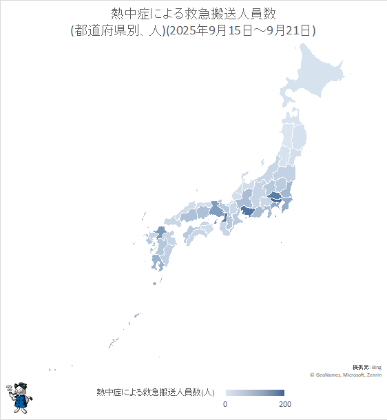 ↑ 熱中症による救急搬送人員数(都道府県別、人)(2025年9月15日-9月21日)