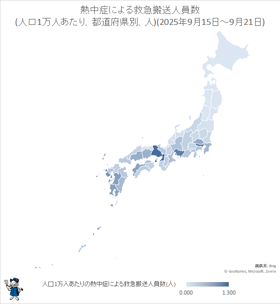 ↑ 熱中症による救急搬送人員数(人口1万人あたり、都道府県別、人)(2025年9月15日-9月21日)