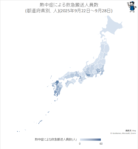 ↑ 熱中症による救急搬送人員数(都道府県別、人)(2025年9月22日-9月28日)