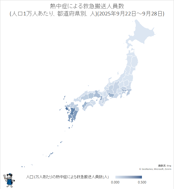 ↑ 熱中症による救急搬送人員数(人口1万人あたり、都道府県別、人)(2025年9月22日-9月28日)