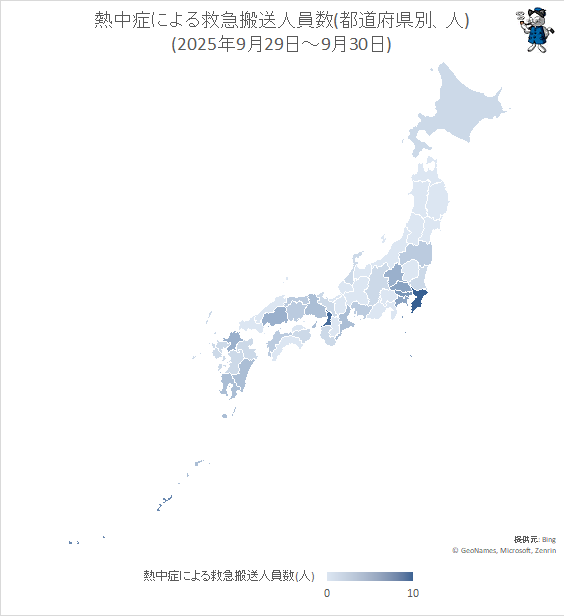 ↑ 熱中症による救急搬送人員数(都道府県別、人)(2025年9月29日-9月30日)