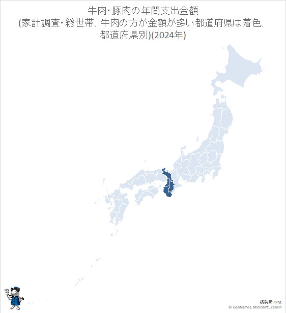 ↑ 牛肉・豚肉の年間支出金額(家計調査・総世帯、牛肉の方が金額が多い都道府県は着色、都道府県別)(2024年)
