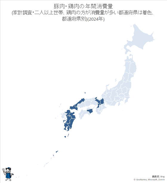 ↑ 豚肉・鶏肉の年間消費量(家計調査・二人以上世帯、鶏肉の方が消費量が多い都道府県は着色、都道府県別)(2024年)