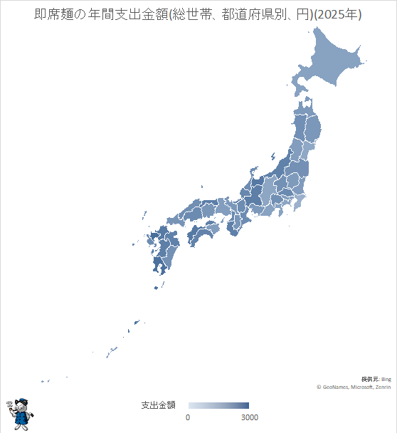 ↑ 即席麺の年間支出金額(総世帯、都道府県別、円)(2025年)