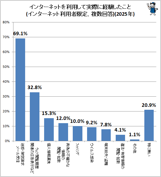↑ インターネットを利用して実際に経験したこと(インターネット利用者限定、複数回答)(2025年)